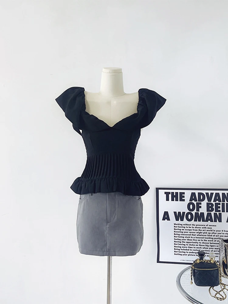 

French Style Vintage Slim Women Ruffle Chic Chiffon Shirt 2025 Summer New Square Collar Flying Sleeve Blouses Female Elegance