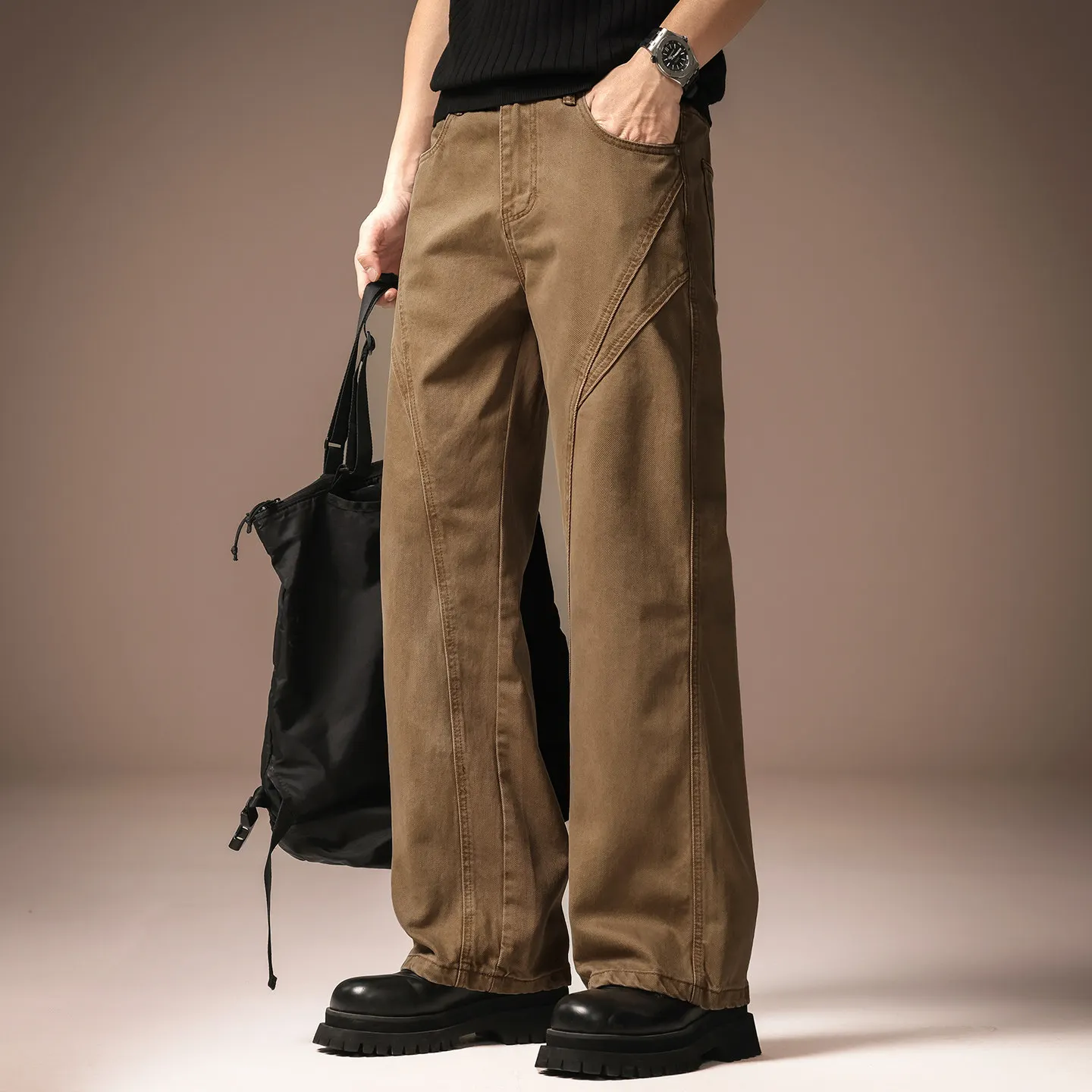 Vintage New Fashion Men Brown Green Solid Color Spliced Casual Trendy Simple Basic Loose Fit Jeans Pants Male Denim Trousers