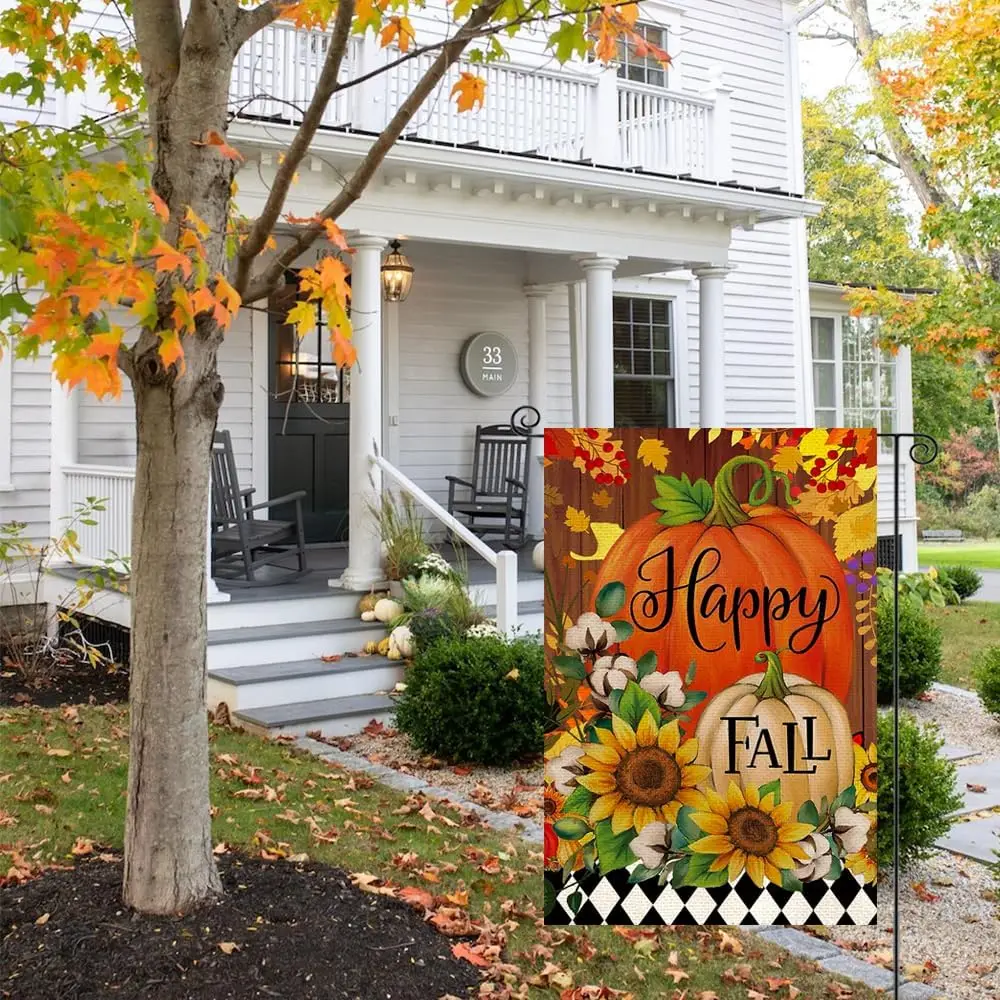 RABUSOFA Happy Fall Garden Flag 12x18 Inch Double Sided for Outside, Pumpkin Sunflower Autumn Leaves Outdoor Seasonal Yard Flag