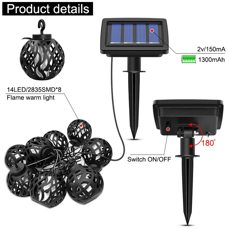 Weihnachtsbeleuchtung mit Solarpanel, wasserdicht, flackernde Flamme, hängende Solar-Gartenlampe für Terrasse, Hof, Halloween-Dekoration