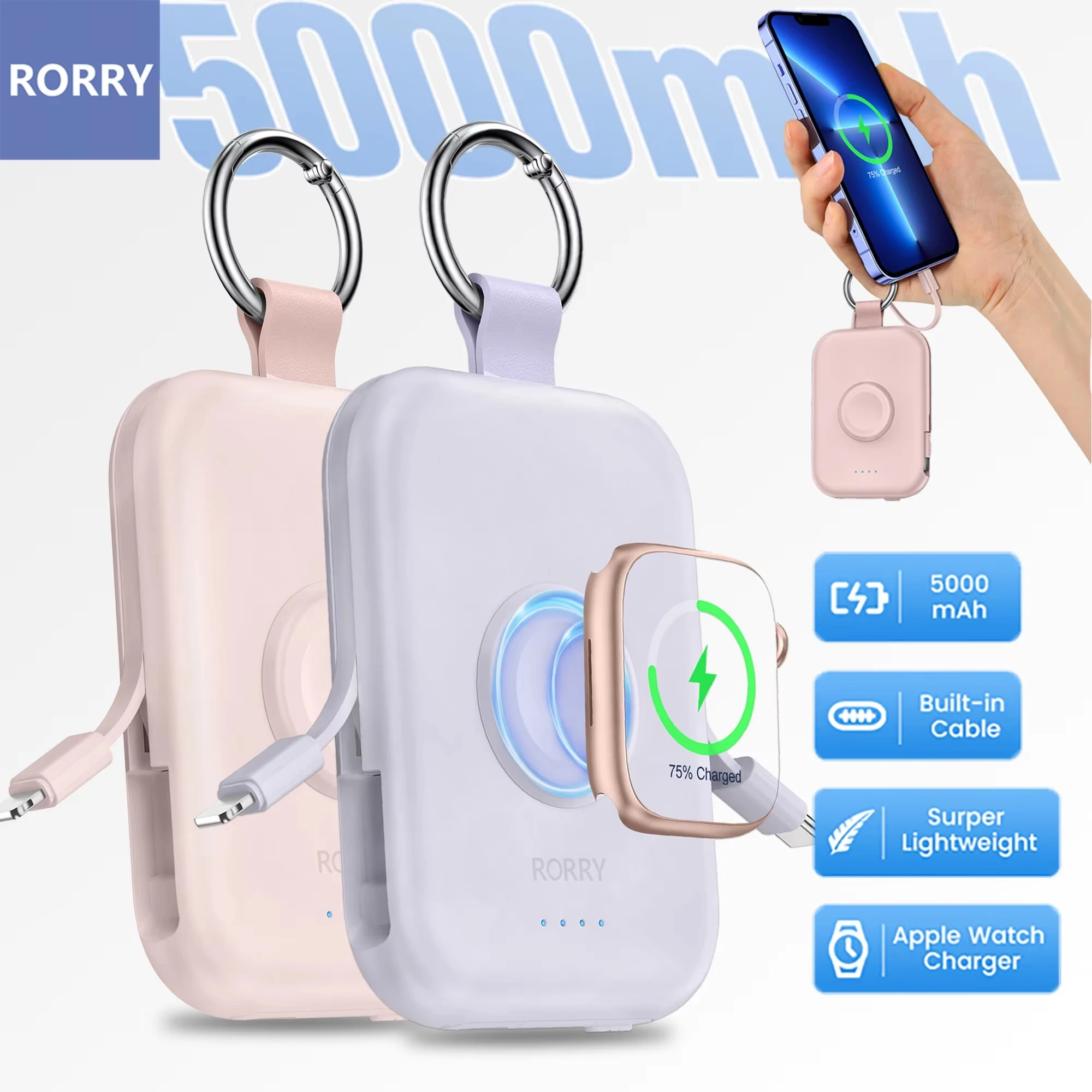 

RORRY 3 in 1 Portable Power Bank for iPhone Samsung Magnetic Wireless Charger for Apple Watch Powerbank With Built-in Cable