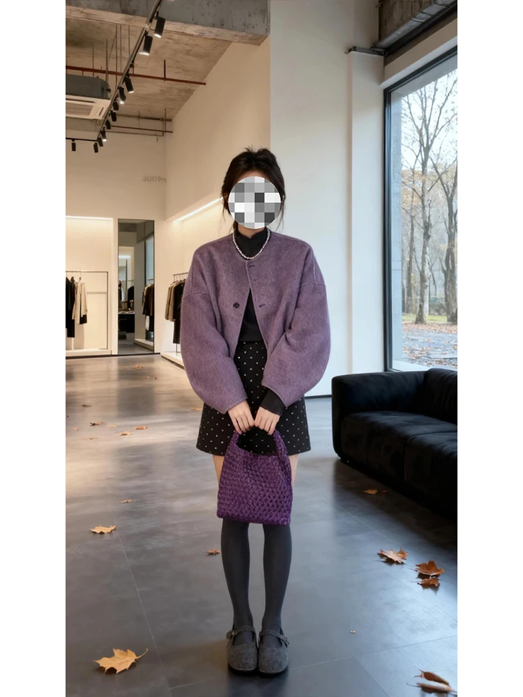 Marie  Women's Woolen Coat Skirt Set round Neck Inner Wear Purple Black Polka Dot  Skirt Three Piece Suit Autumn Winter