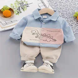 Men's and women's autumn shirt set cartoon printed stitching shirt+solid color cotton casual pants 2Pcs suit