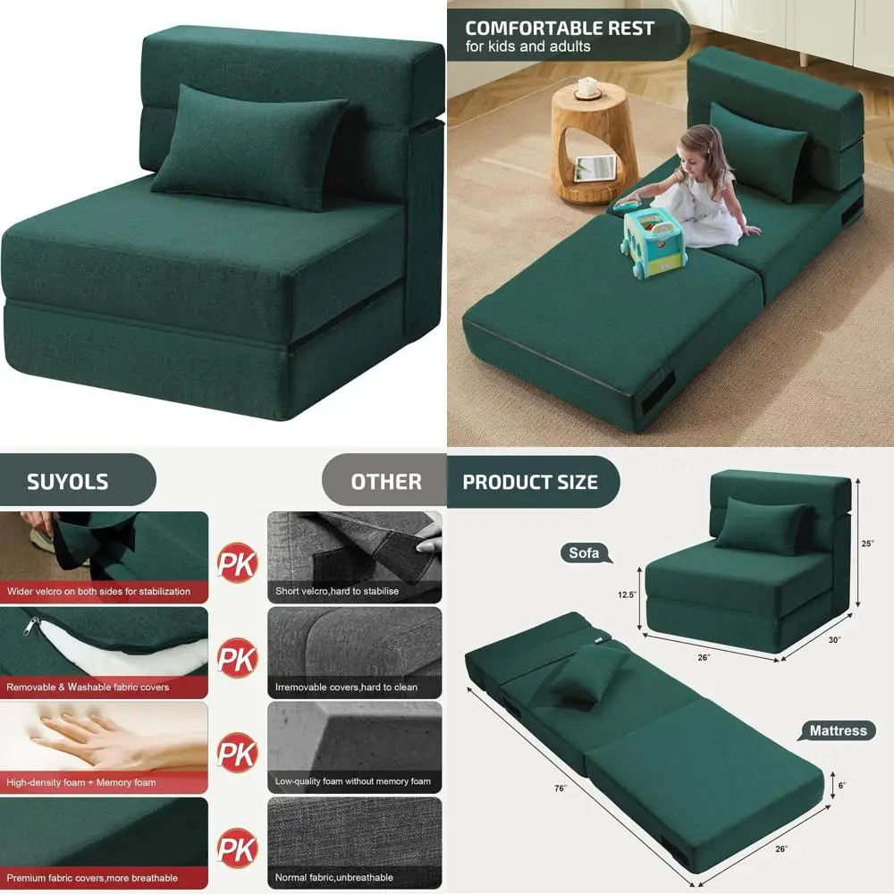 

Convertible Sofa Bed with Pillow, Sleeper Couch for Living Room, Dorm, Guest Room, Home Office, Apartment, Single Size, Green
