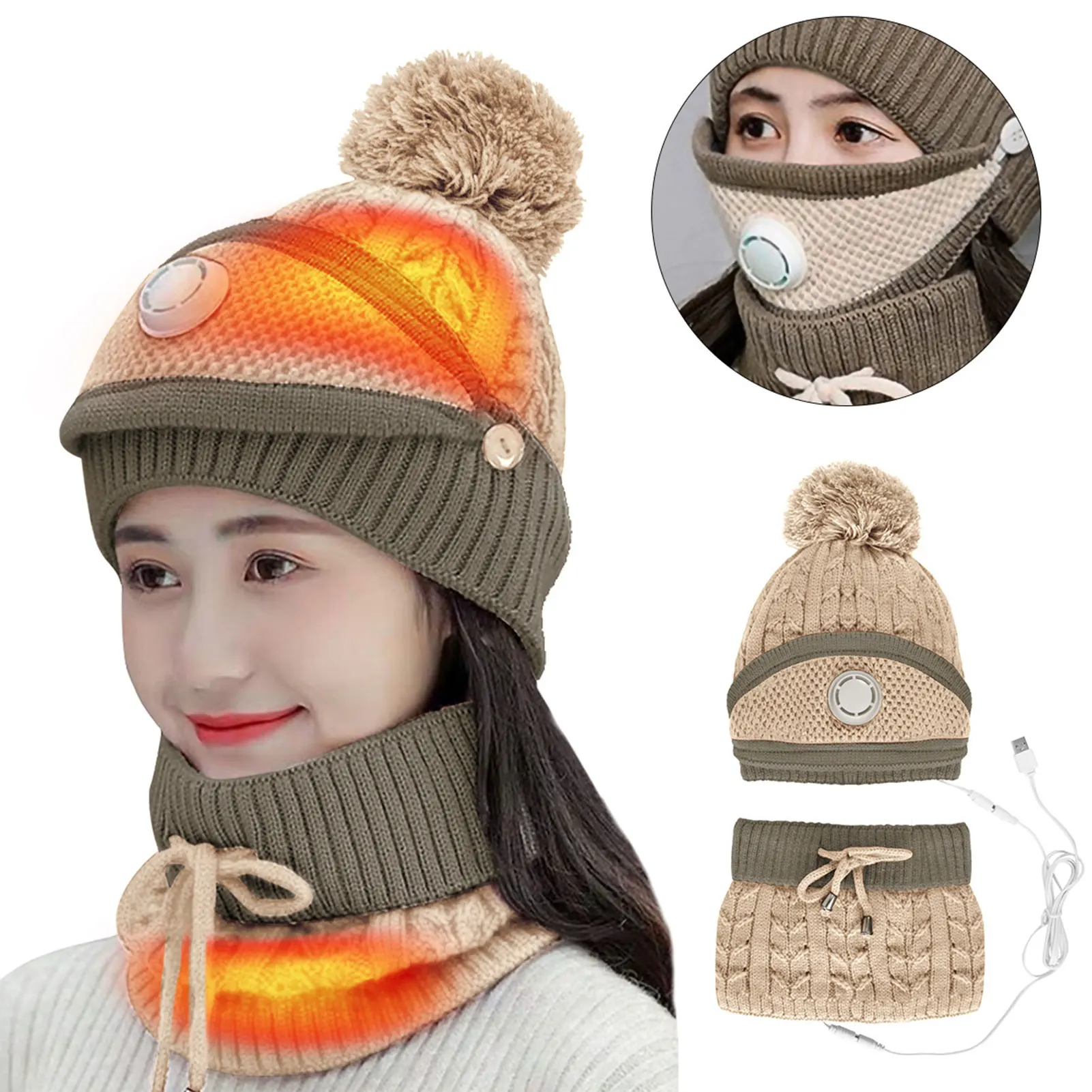 Gorro con calefacción USB, bufanda, sombrero, máscara, diseño de válvula transpirable, filtro de sustancias dañinas para correr, esquiar, ciclismo