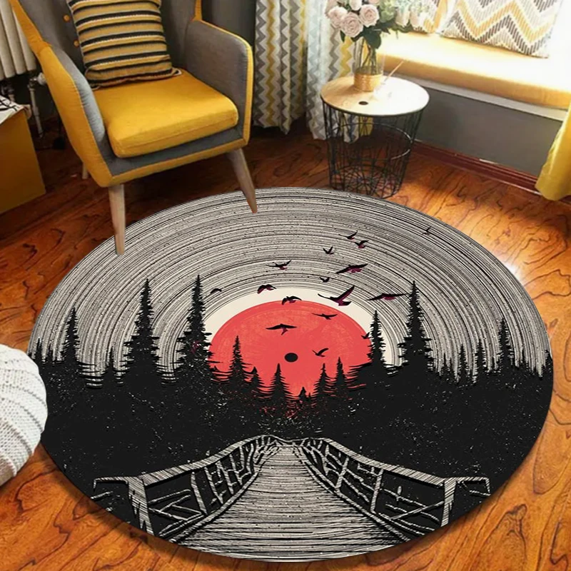 Hot Sale Artistic Red Sun Forest Bridge Round Rug Non Slip Wear Resistant Soft Washable Living Room Bedroom Decor Rug