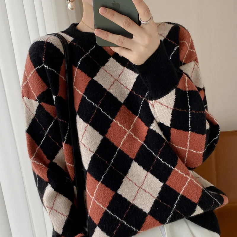 

Thiened Knitted Sweater Women's Autumn Winter Loose round Ne Sweater Cardigan Retro Design Sense Tassel Lapel Long Sve