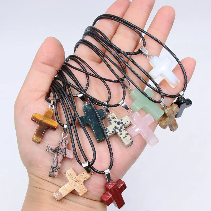 Natural Stone Cross Necklace Pendant Healing Crystals Gemstone Women Sweater Chain Crystal Charm Jewelry 1Pc with String