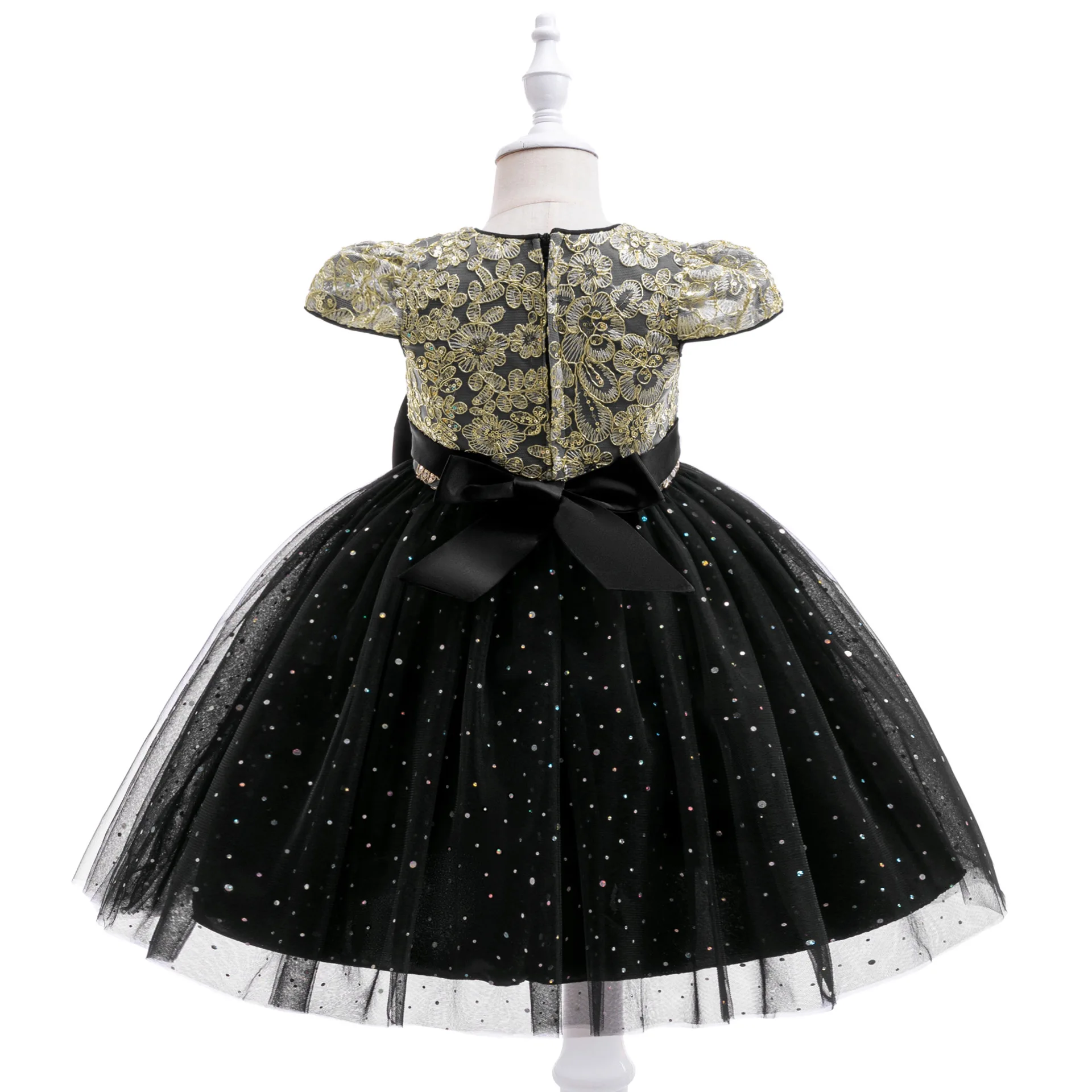 Vestido bordado com laço grande para meninas de 3 a 8 anos, cerimônia formal, ocasião infantil, vestidos elegantes de luxo, vestido de casamento preto fofo