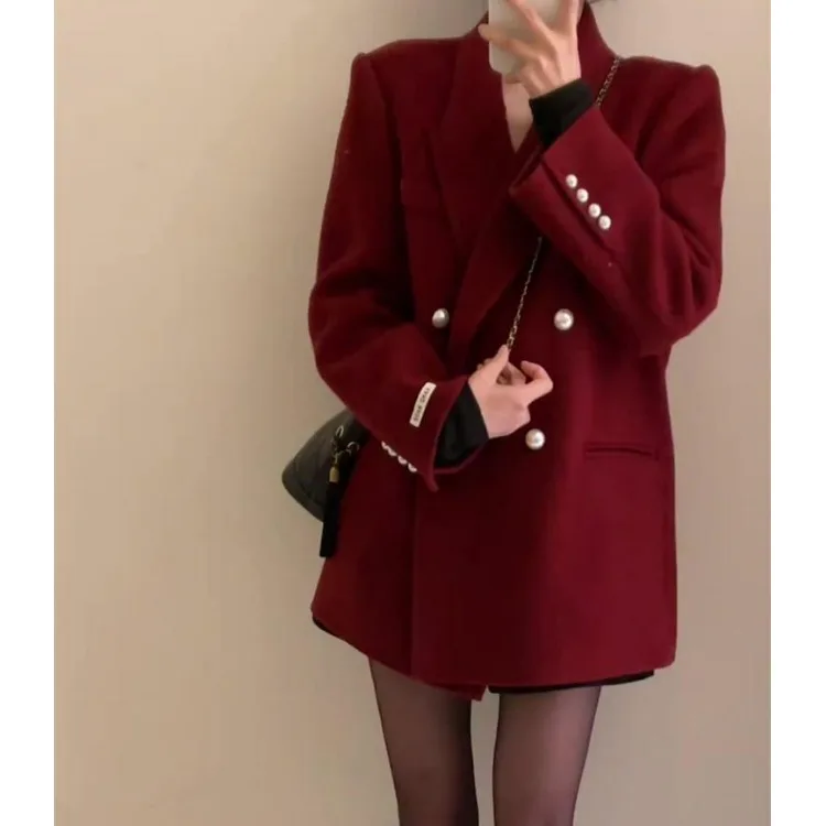 بدلة حمراء Jaet للسيدات Cisas Faion تصميم أصلي فضفاض من البوليستر طويل Sve معطف مزدوج الصدر بلون نقي #2