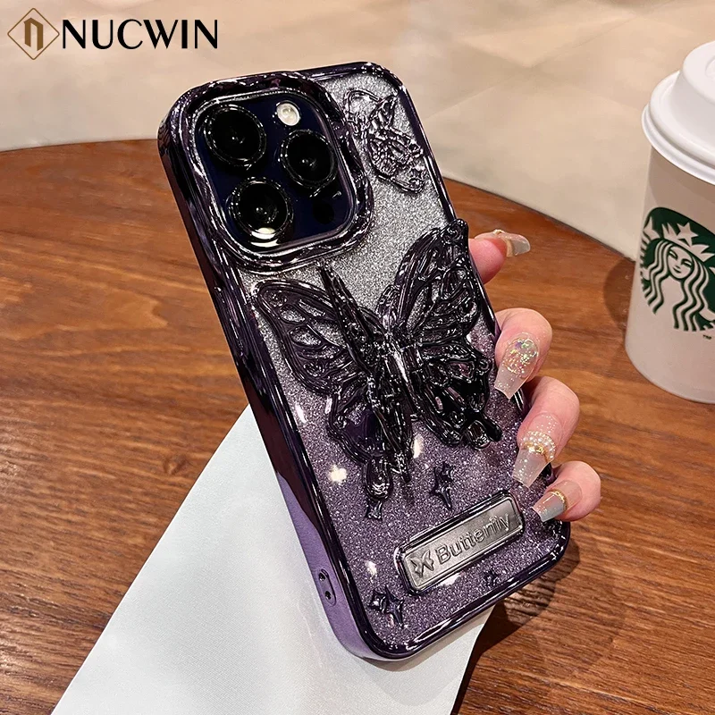 Glitter Butterfly Gradient Stand Case for iPhone 15 Pro Max 14 13 12 Pro Max Bracket Transparent Plating Soft Silicone Cover