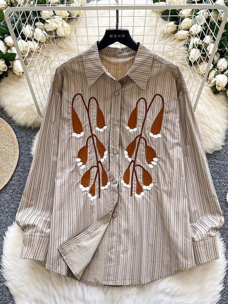 

Women Shirt Striped Spring New Arrival Embroidered Turn-down Collar Korean Style High-End Cardigan Office Female Top BL327