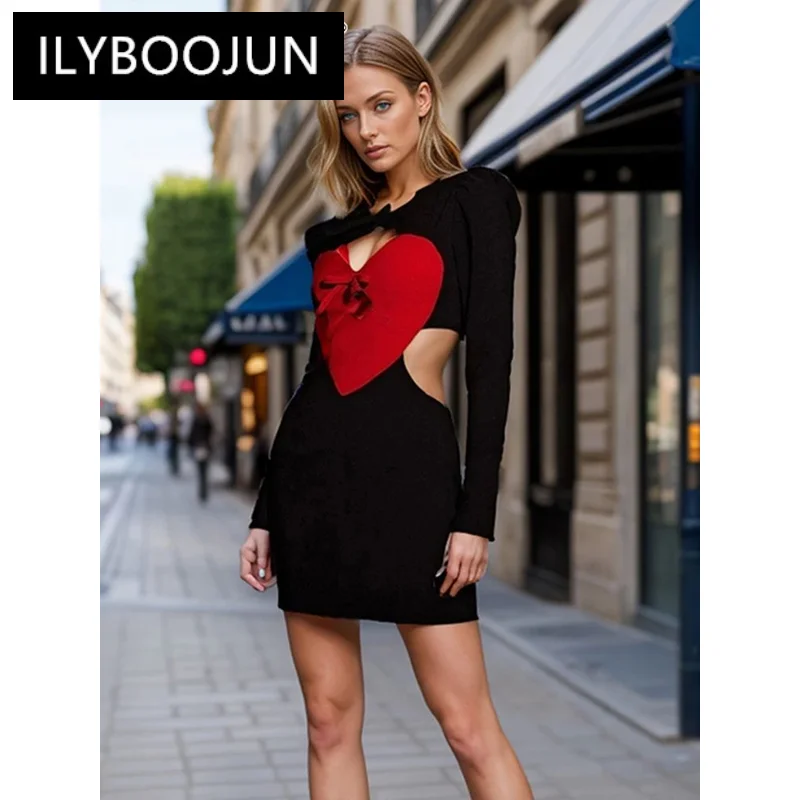 

ILYBOOJUN Colorblock Hollow Out Spliced Bowknot Dresses For Women O Neck Long Sleeve High Waist Slimming Bodycon Dress Female