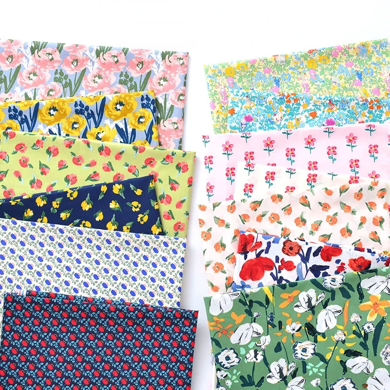 60s Cotton Poplin Cartoon Flower Pastoral Floral Printing and Dyeing Fabric, Making Clothing Handmade Skirt Dress Cloth