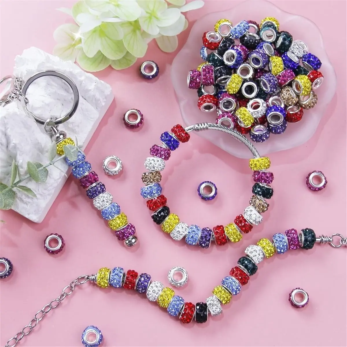 100 Pcs Large Hole Rhinestone Beads Mixed Colors Shiny Rhinestones Bead for DIY Beadable Pen Bracelet Jewelry Making A