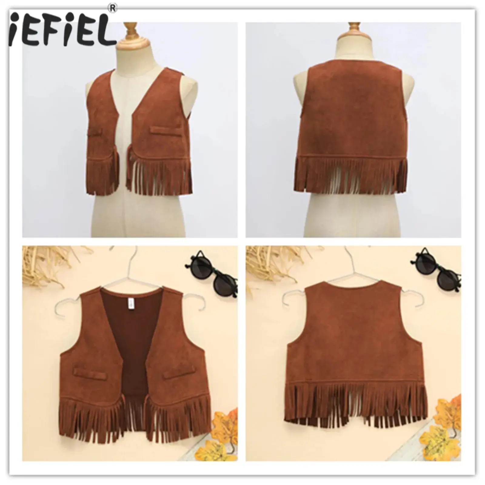 

Костюм для косплея в стиле вестерн, ковбой, пастушка, замшевый ковбойский жилет с открытой передней бахромой и кисточками, ковбойский жилет, костюм для косплея на Хэллоуин