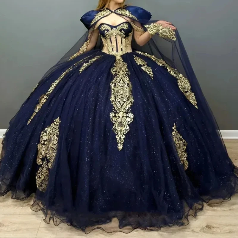 

Sparkly Navy Blue Quinceanera Dresses Illusion Off The Shoulder Gloden Applique Lace Beads Tull Ball Gown vestidos de 15 anos