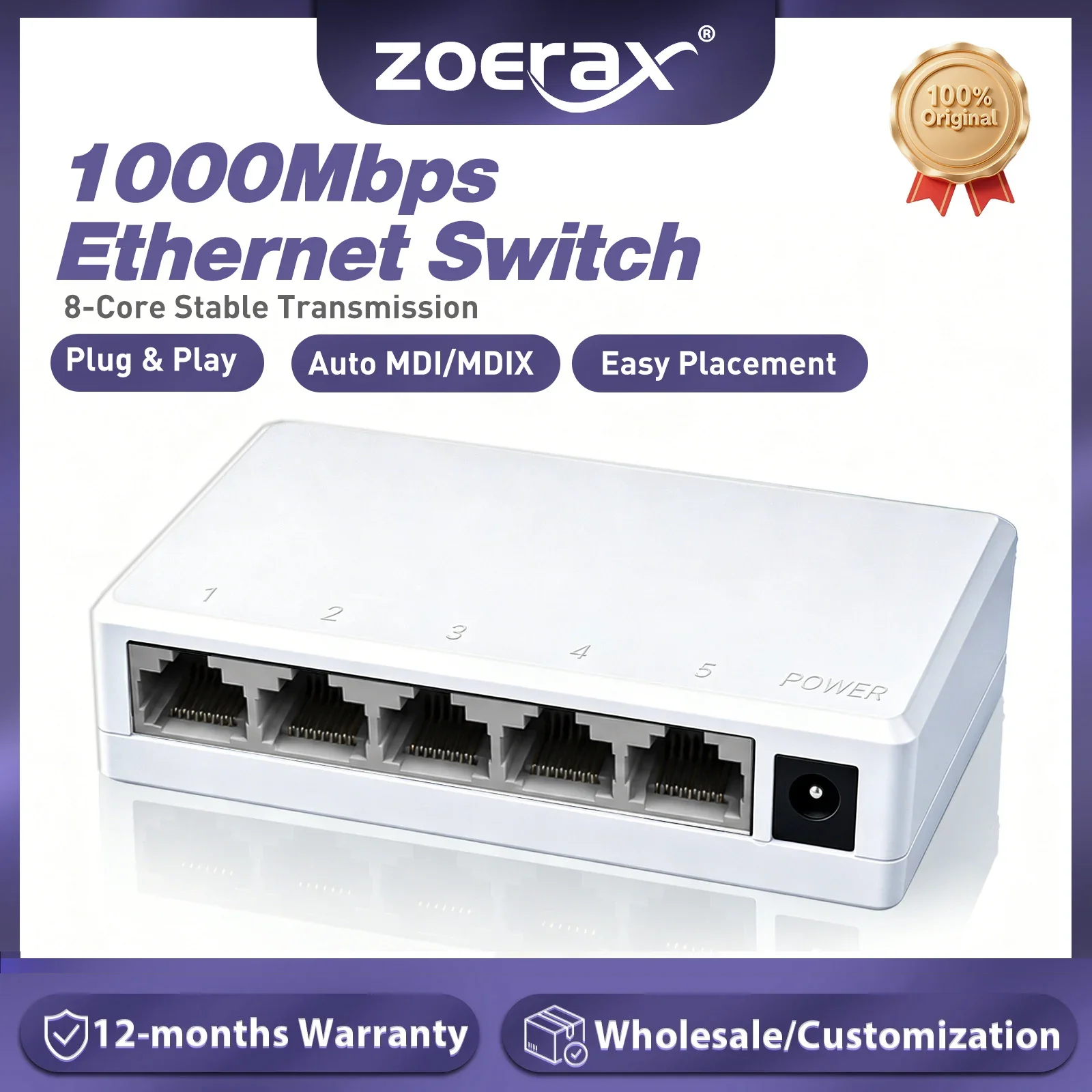 ZoeRax 5-Port Gigabit Mini Switch 10/100/1000Mbps Auto MDI/MDIX 8-Pin Core Port Stable Connection for Home Wiring & IP Camera