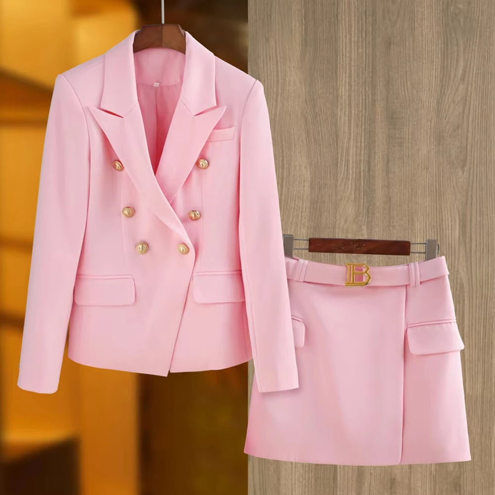 

New Arrival Elegant Style Lady Office Work Suit Double-breasted Long Sleeve Fitted Blazer A-line Pencil Mini Skirt Women 2Pcs