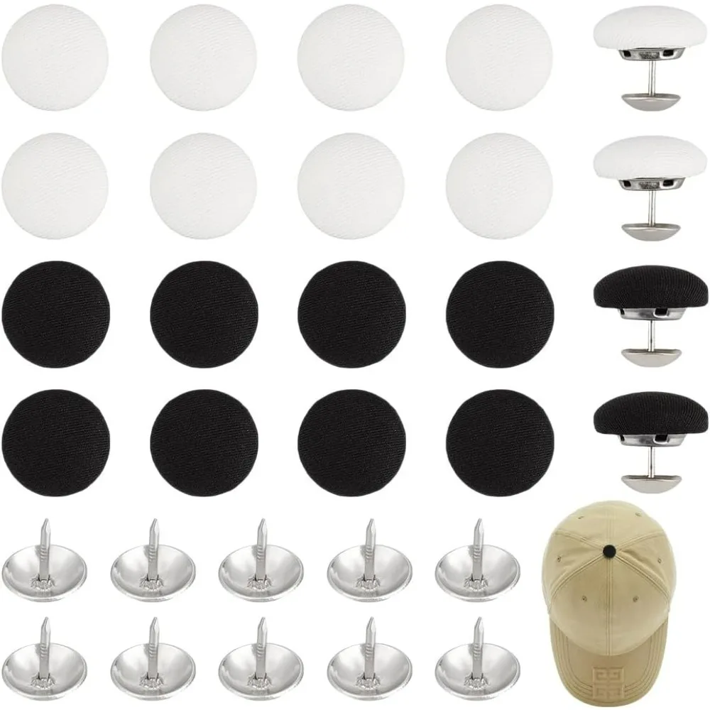 

20 Sets Baseball Cap Button 2 Color Cloth Covered Buttons 19mm Top Replacement Hat Button Black Fabric Covered Button White kit