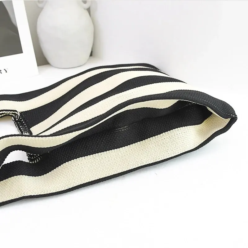 Handmade Knit Handbag Mini Knot Wrist Bag Casual Color Wide Stripe Plaid Tote Bag Reusable Shopping Bags