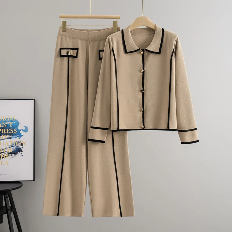 

Кардиган, женский комплект из 2 предметов, вязаное пальто, широкие брюки, однобортный трикотаж, ансамбль, осень-зима 2024, осень-зима