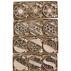 12PCS/Box Wooden Snowflake Pendant Vintage Xmas Ball Hanging Ornaments for Noel Tree Decorations DIY Gifts Wrapping Supply