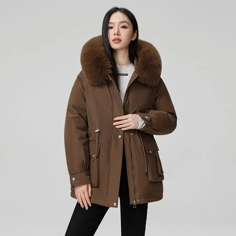 Medium long Parka Women's Cotton Jacket 2024 Winter New Big fur collar Thicken Coat Solid Casual Female Overcoat Warm Parker