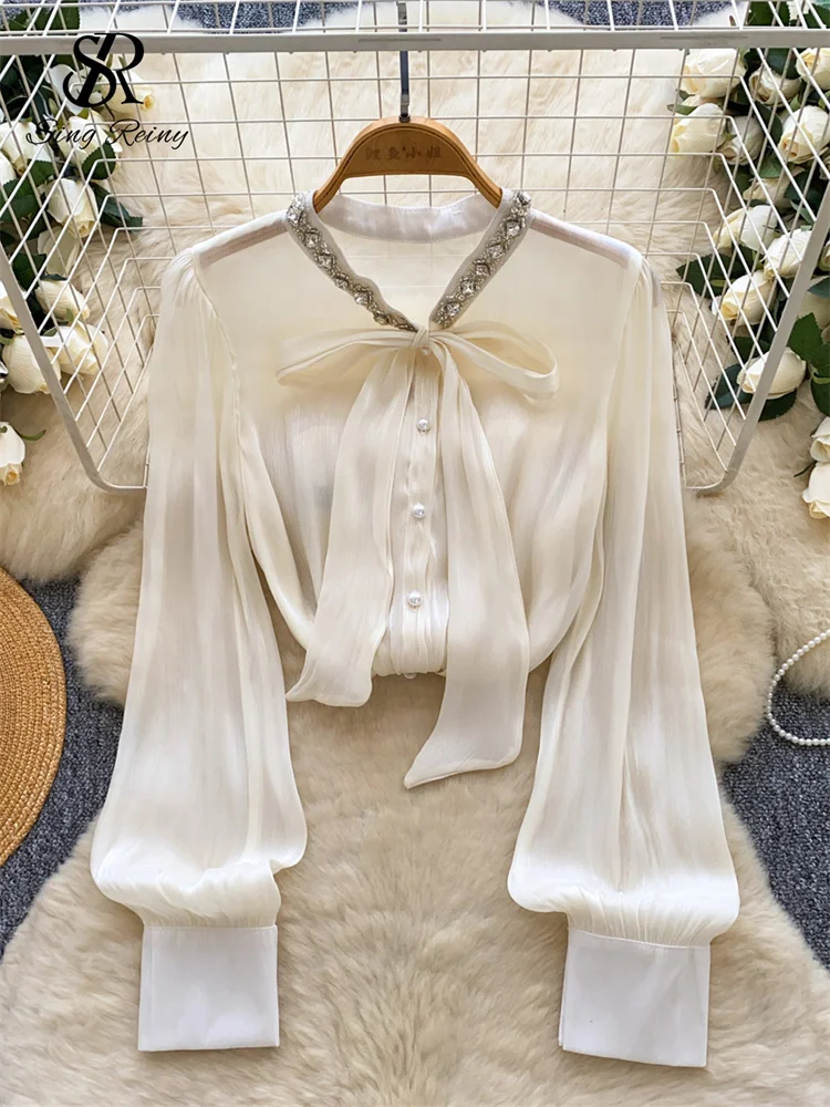

SINGREINY 2025 Senior Gentle Women Blouse Diamonds Lace Up Bow V Neck Long Sleeves Basics Tops French Court Style Chiffon Shirt