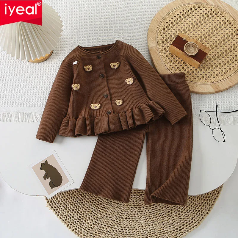 

IYEAL Kids Girls' Sweet Bear Long Sleeve Sweater Cardigan+Casual Pants 2-piece Set Baby Girls Korean Edition Autumn Sweater Set