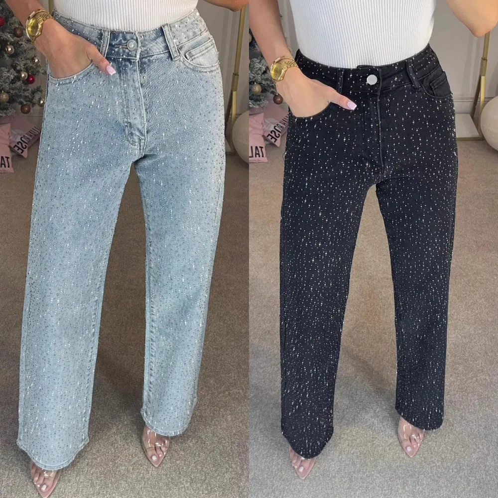 Women Bling Bling Rhinestone Straight Leg Jeans High Waist Sparkly Diamond Denim Pants Casual Party Denim Trousers With Pockets