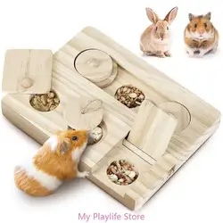 Small Pet Hamsters Foraging Feeder Toy Wooden Puzzle Game Feeding Board for Rabbit Guinea Pigs Chinchillas Treats Dispenser