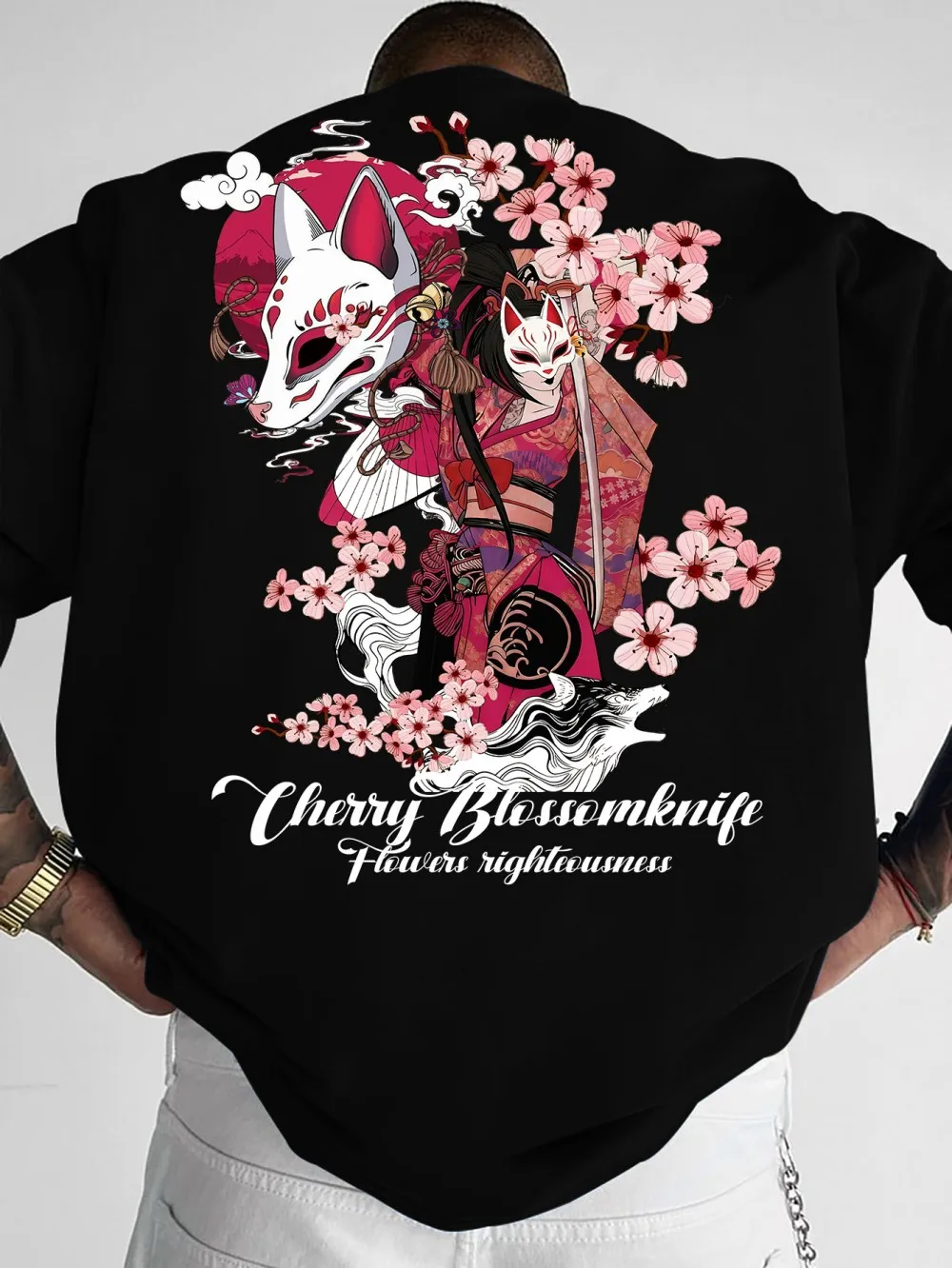 New men's summer ghost dancer cherry blossom branch print micro elastic breathable round neck T-shirt outdoor casual top