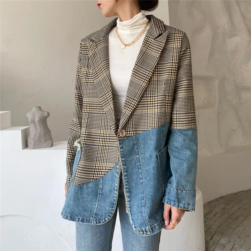 Korean Plaid Suit Collar Blazer Splicing Denim Jacket Women Mid Long Big Pocket Cowboy Outerwear Vintage Jeans Jackets Female