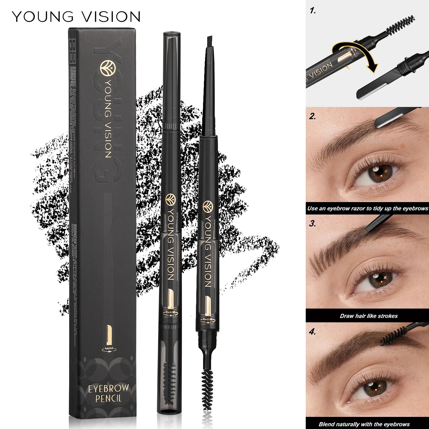 YOUNG VISION Brand Three-in-One Waterproof Eyebrow Pencil with Brow Brush and Blade, Fine and Soft Pencil Core, No Smudging