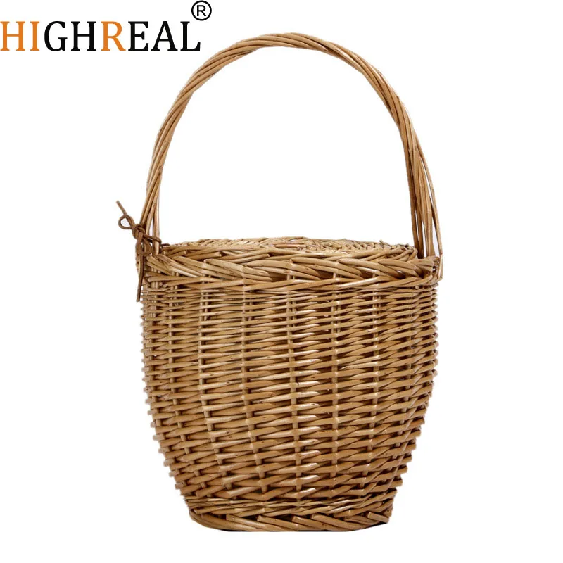 Wicker Basket Bag Women Summer Beach Natural Rattan Straw Bucket Totes Handmade Woven Handbags  New
