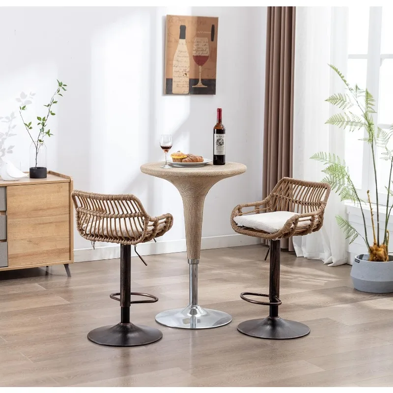 Rattan Bar Stools, Adjustable Barstools with Linen Cushion, 360° Swivel Bar Stool with Low Back & Footrest, Classical Barstool