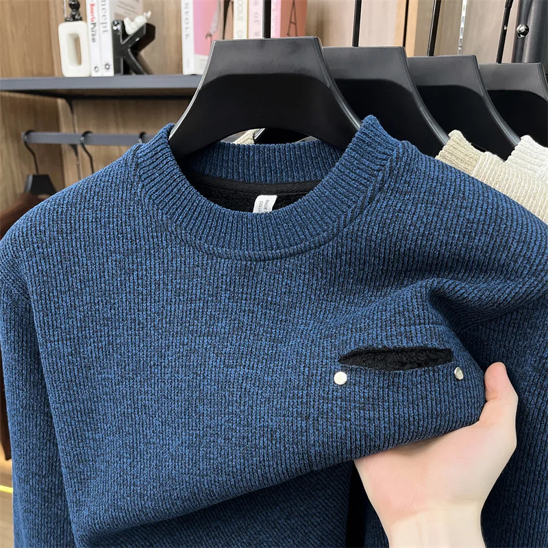 High Quality plush thicken warm pullover men's fashion knitting winter soft comfort pocket design round neck casual new sweater
