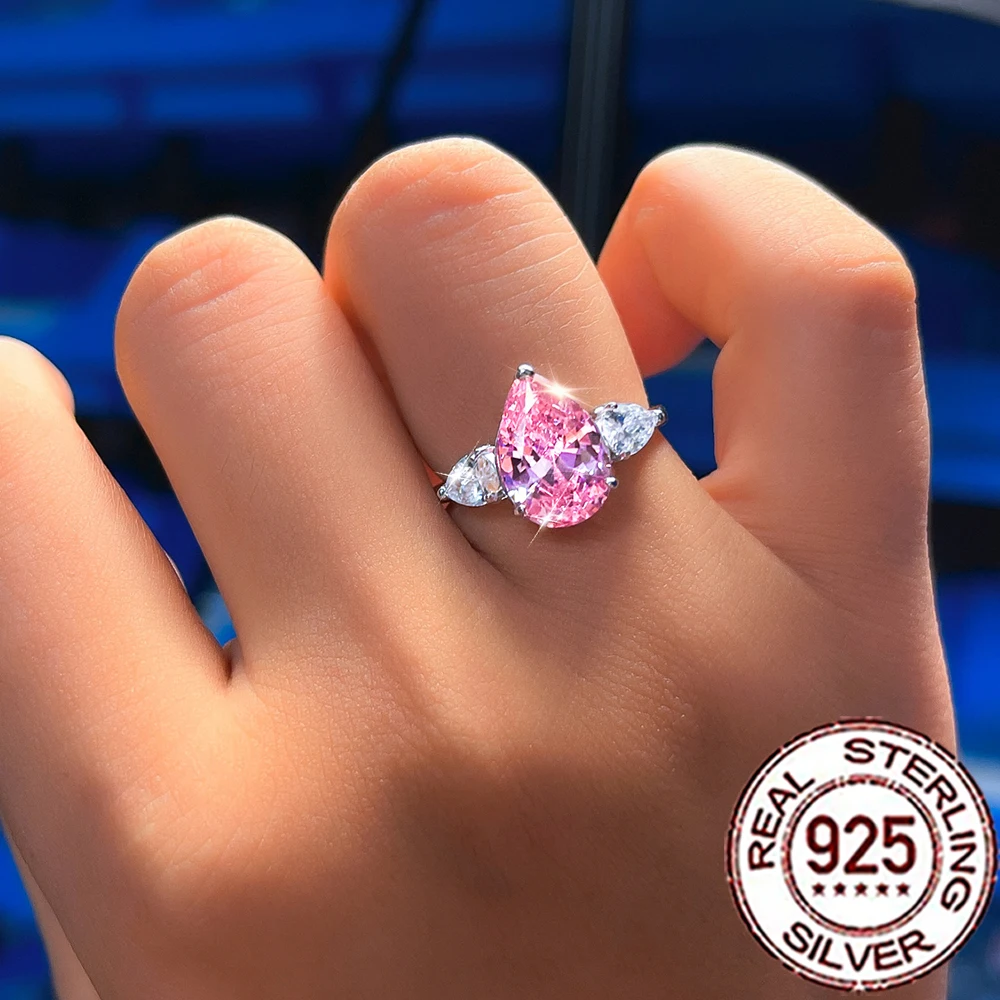 QooLady Verlobungs- und Ehering aus 925er-Sterlingsilber mit rosa Tropfenform und CZ-Seiten in Weiß, zierlicher, feiner Schmuck, Geschenk für Frauen, SR115 – Detail 3