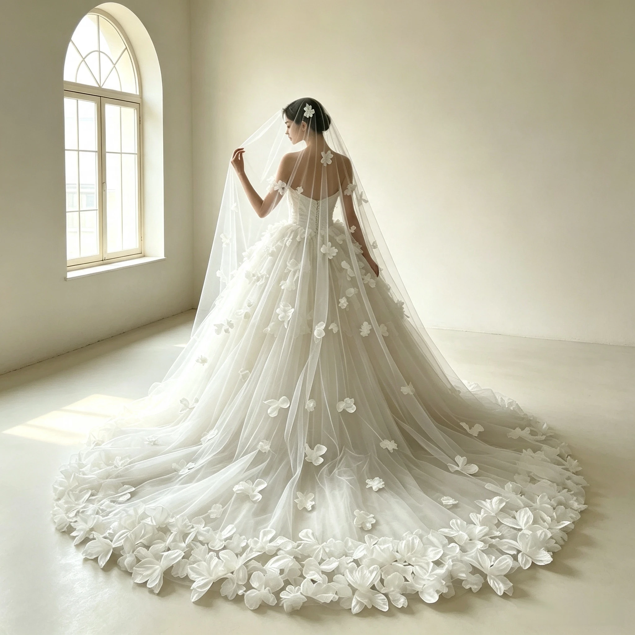 3D Flower Cathedral Wedding Veil 350cm Long One-Tier Bridal Tulle Headpiece Floor-Trailing Veil for Brides