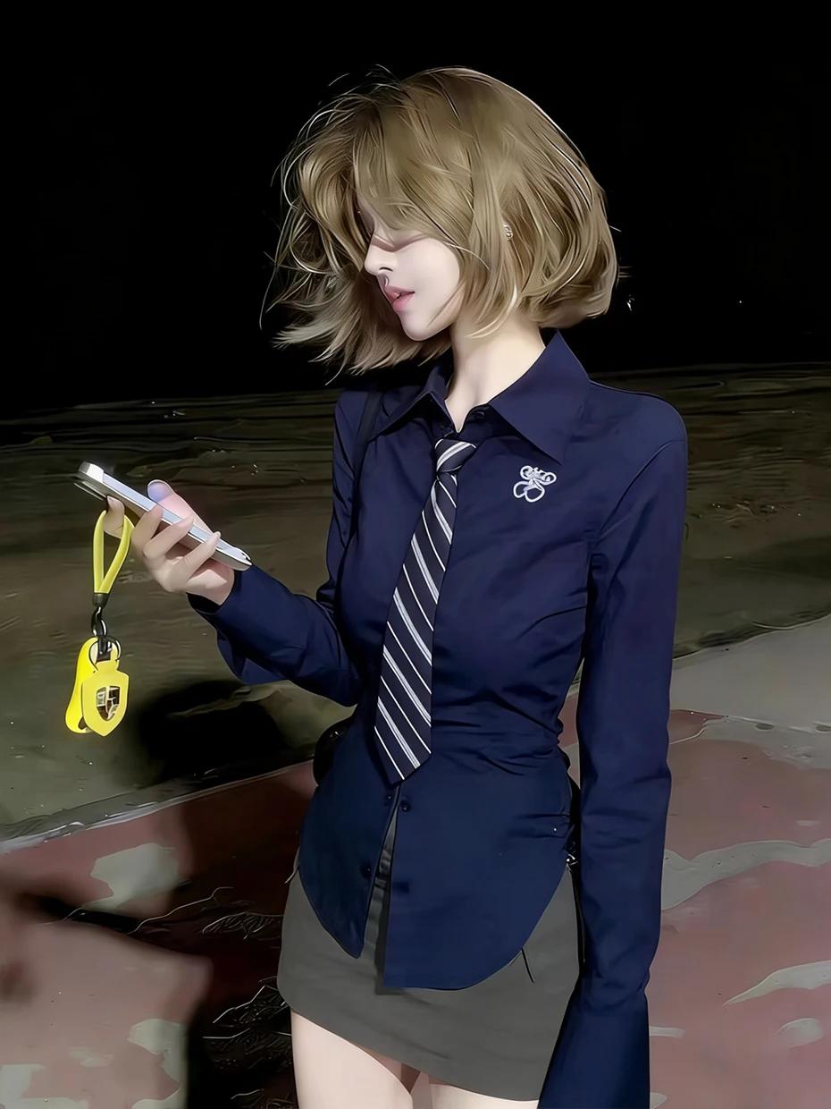 

Slim Fit Shirt American College Style JK Stripe Tie Letter Embroidery Spring Short Shirt Women's Fashion Korean Version