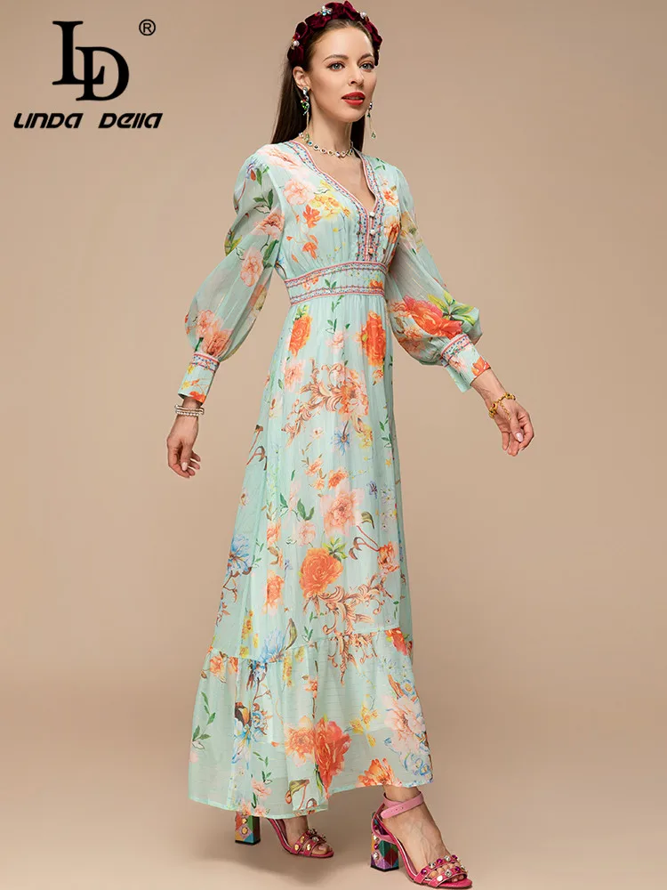 LD LINDA DELLA New 2023 Spring Summer Fashion Women Vintage Elegant Big Swing Long Dress V-Neck Button Slim Floral Print Dress