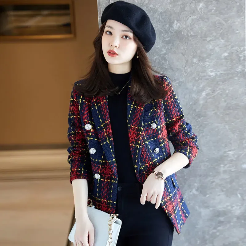 Autumn Winter Thicken Women Chic Office Lady Blazer Plaid Coat Fashion Notched Collar Long Sleeve Ladies Outerwear Stylish Tops