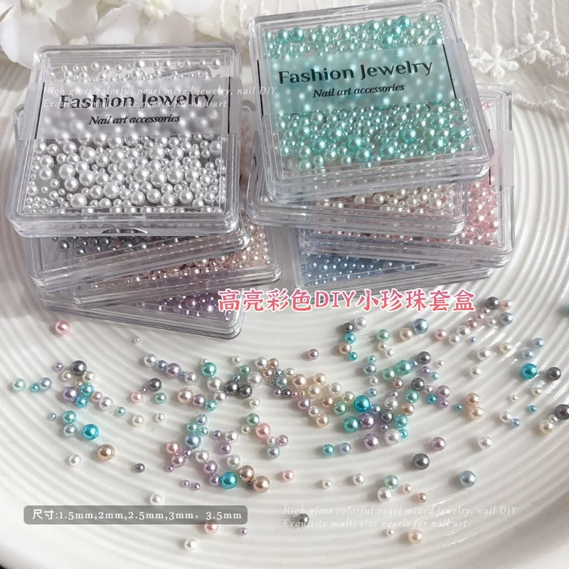 YYM 1 Box Mixed Size Colorful Pearl Nail Decorations Shiny 3D Multicolor Round Pearls For Manicure Nail Art Charms Manicure Tool