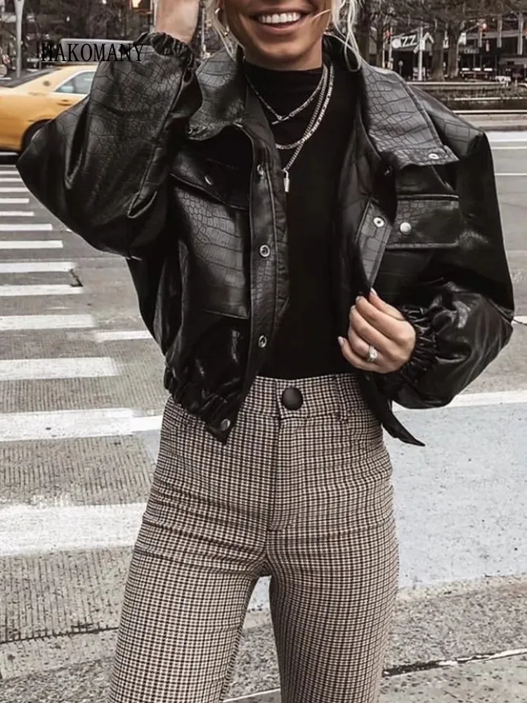 

2021 Y2K COOL Women Plaid Embossing PU Leather Jacket With Quilted Lining Long Sleeve Cropped Coat Loose Short Outwear Black