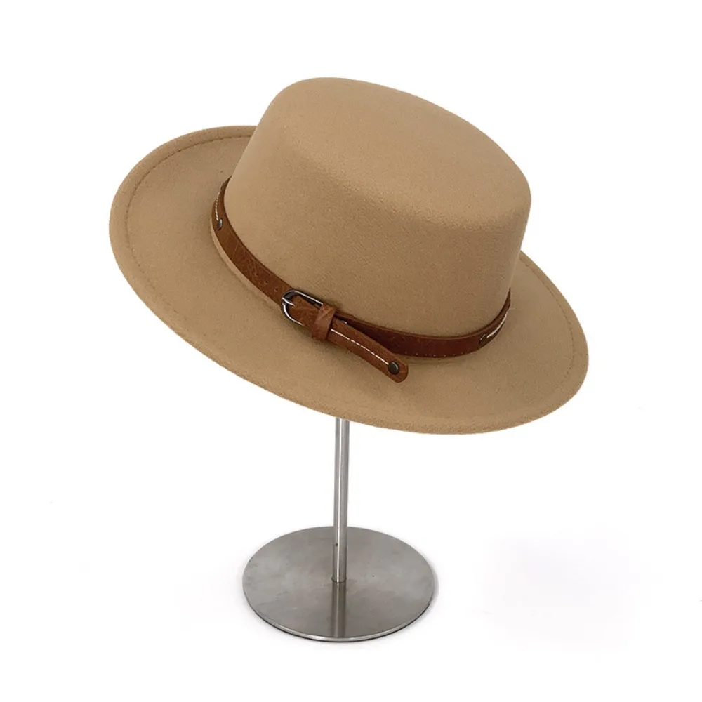 

All-match Elegant Woolen Flat Top Hat British Style Wide Brim Felt Hat Solid Color Belt Buckle Women Jazz Hat Outdoor Activities