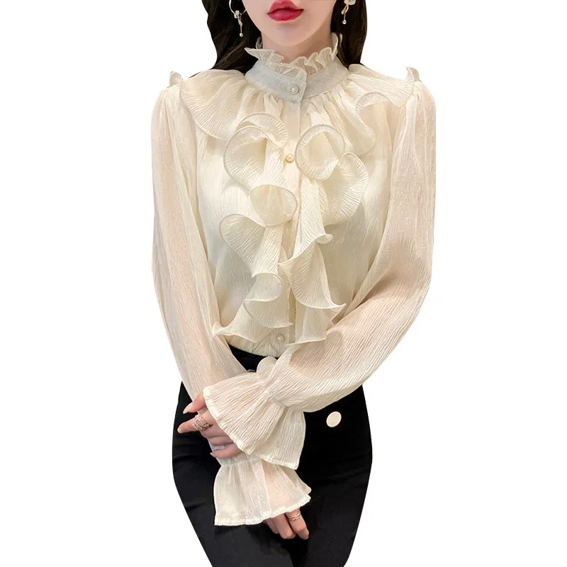 Satin Women\'s Shirts New Silk Solid Vintage Blouses Loose Spring/Summer O-Neck Ladies Clothing Long Sleeves RUFFLES Tops