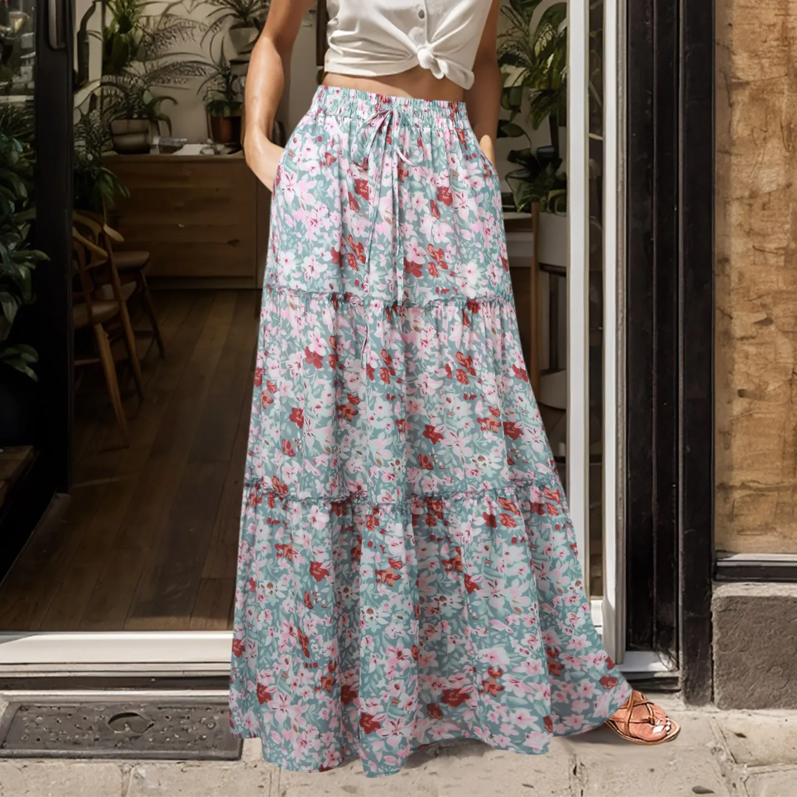 Floral Printed Boho Vintage Longskirt for Women Ethnic Style A-line High Waist Female Pleated Skirt Almighty Elegant Long Skirts