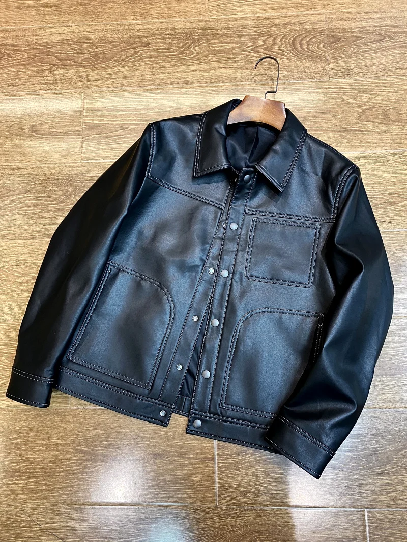 Italian Luxury Men's Slim Fit eep Leather Jaet Genuine Leather Spring New Arrival Faionable Casual Sle Pure Color