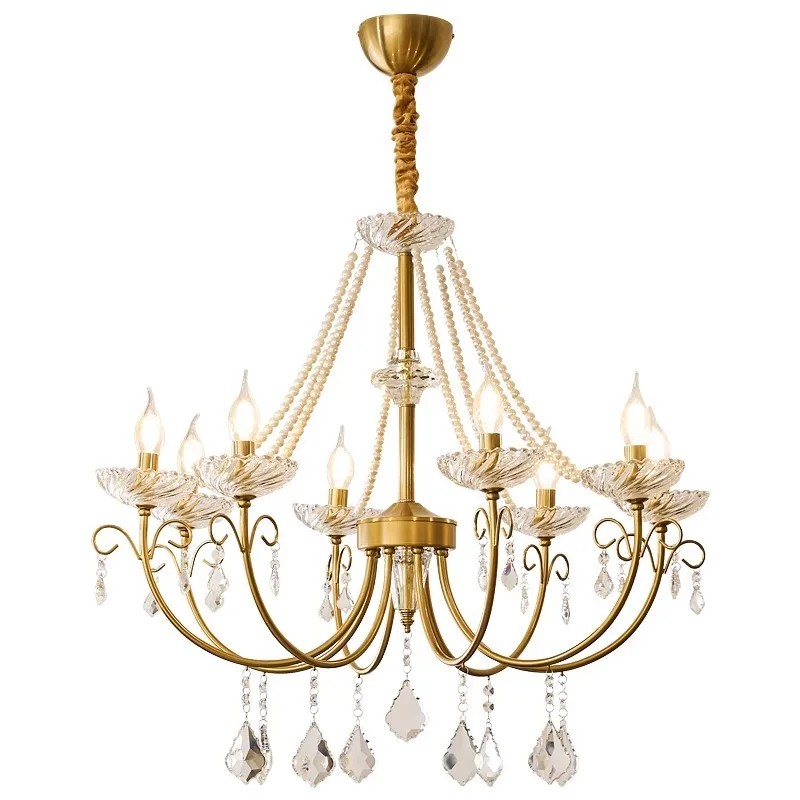 

French luxury living room headlight chandelier retro crystal pearl dining room high-end romantic court candle light